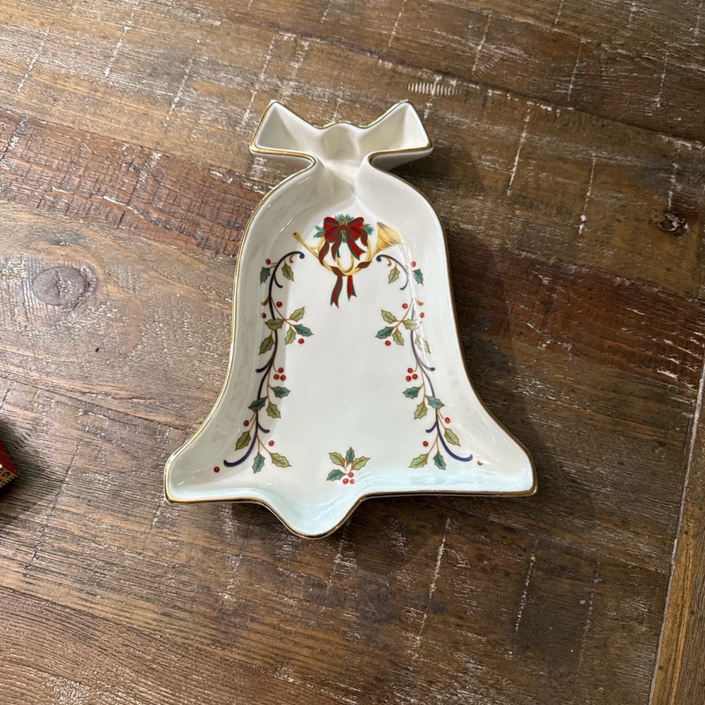 Mikasa White Holiday Bell Dish with Red and Green Accents
